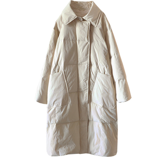 宽松慵懒大翻领长款90白鸭绒保暖外套面包服文艺通勤过膝羽绒服女