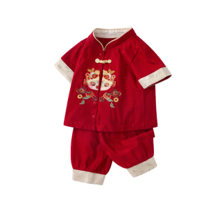 周岁男宝礼服夏季2026婴幼儿百天抓周宴衣服一岁生日红色唐装衣服