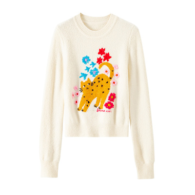 BANANACICI绣花猫咪套头毛衣