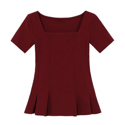女人味方领性感紧身荷叶边短袖
