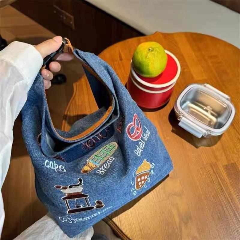 刺绣保温饭盒袋便携上班族大容量高颜值牛仔通勤手提包学生便当包