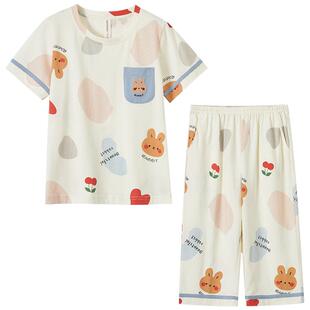 千线艺女童睡衣纯棉套装七分裤夏季短袖女孩小学生大童儿童家居服