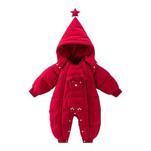 三防白鸭绒婴儿红色羽绒服连体衣拜年服秋冬外出长爬宝宝冬装喜庆