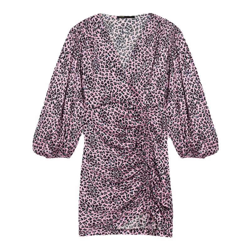 Maje Outlets春夏女装法式优雅豹纹灯笼袖包臀高腰收褶设计连衣裙