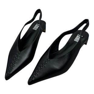 欧洲站欧货2026春季新款简约尖头包头凉鞋粗跟后绊带真皮高跟女鞋