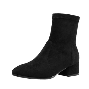 法式短靴女2025秋冬裸靴中跟方头粗跟加绒袜靴网红绒面弹力瘦瘦靴