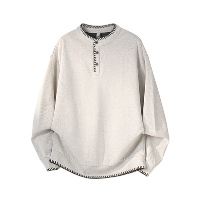 潮牌美式手缝线亨利领针织卫衣男