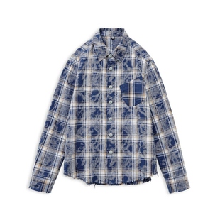 马登美式复古藏青色格子纹翻领宽松磨毛长袖休闲衬衫上衣外套女春