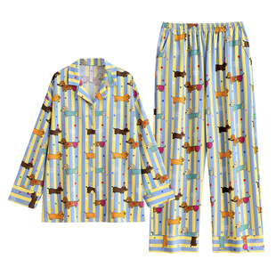 悦内睡衣女款春秋季纯棉长袖家居服大码条纹可爱卡通腊肠狗可外穿