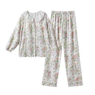 嫚熙春秋季弹力丝麻棉女士睡衣女款胸垫款长袖家居服套装2025新款