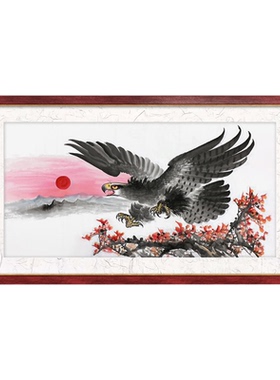 雄鹰手绘国画 手绘旭日东升老鹰展翅翱翔图案 大展宏图宣纸装饰画