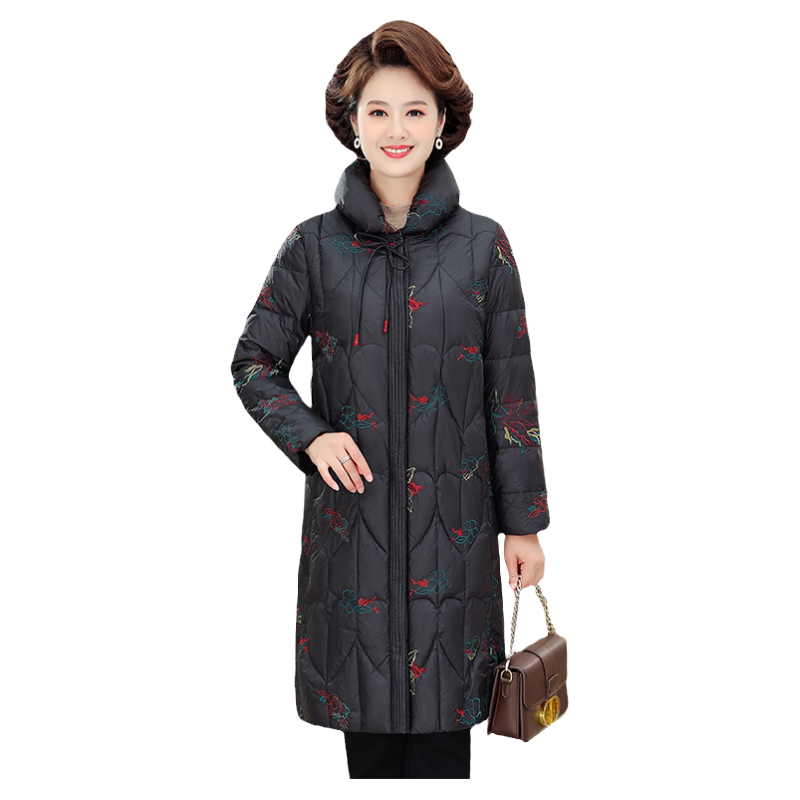 文君中老年女士妈妈中长款外套时尚绣花羽绒服时尚奶奶装中长款