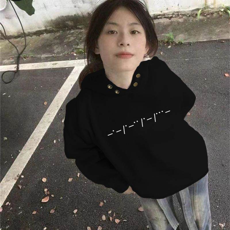 秋冬纯棉黑色字母印花纽扣卫衣男女宽松美式加绒连帽oversize上衣