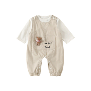 男宝宝春季连体衣婴幼儿长袖哈衣小月龄男孩刺绣春装两件套春秋款