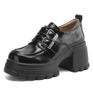 达芙妮厚底增高乐福鞋女2026新款英伦风高跟鞋冬季粗跟黑色小皮鞋