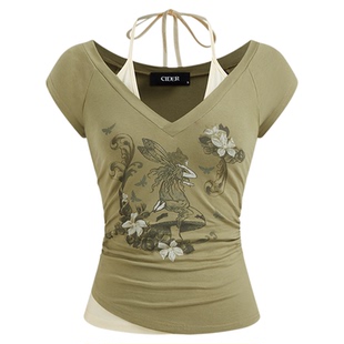 【明星同款】CIDER夏季女装挂脖印花双色短袖T恤上衣114458417