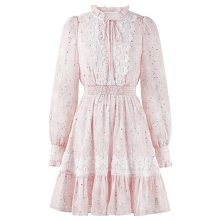 MISSCOCOON可可尼荷叶边粉色裙子女2026春季新款蕾丝花边连衣裙