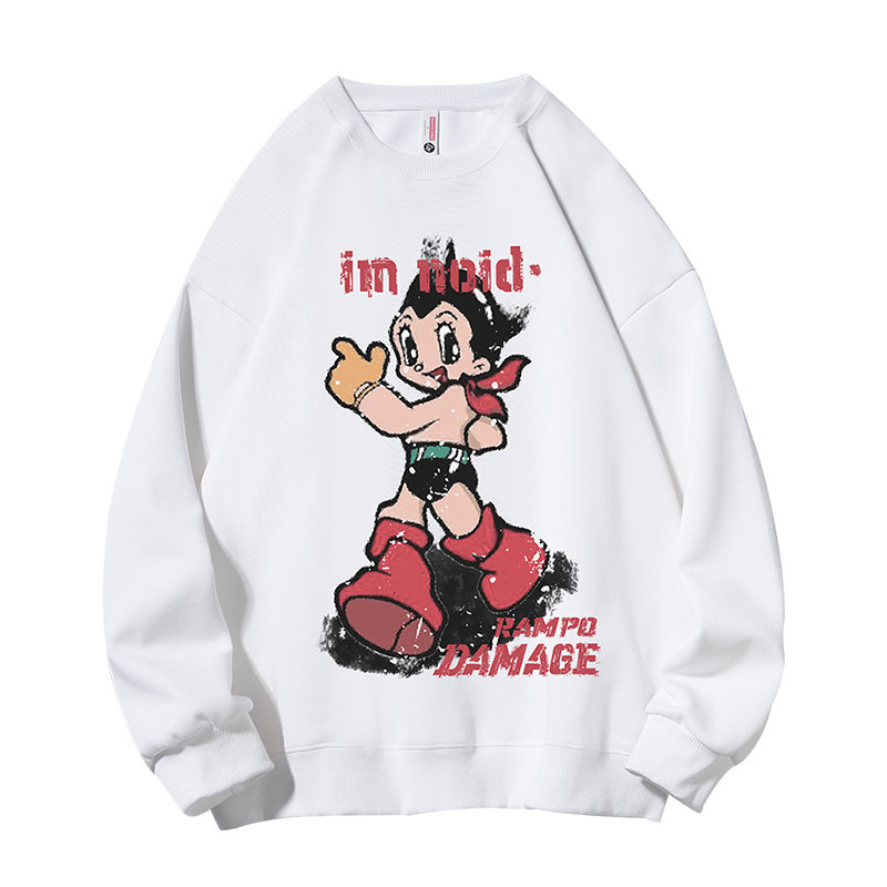 美式复古卡通印花圆领加绒卫衣男女宽松oversize秋冬百搭圆领上衣