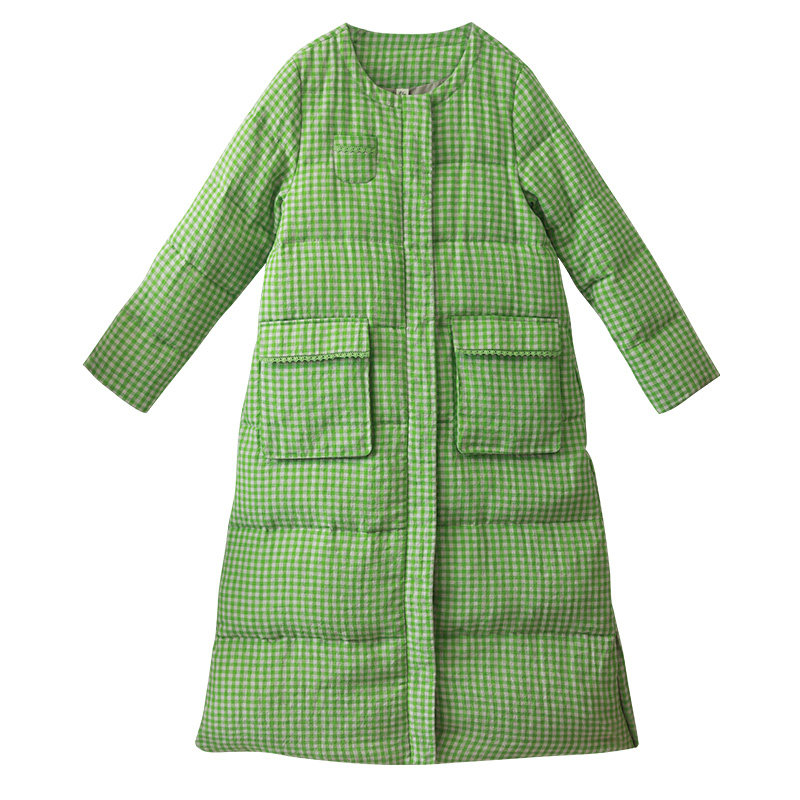 文艺格子羽绒服女冬季长款外套