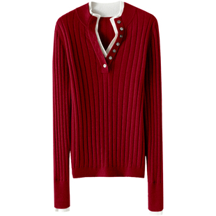 气质美貌！车厘子红山羊绒衫女纯羊绒毛衣针织打底衫套头秋冬新款