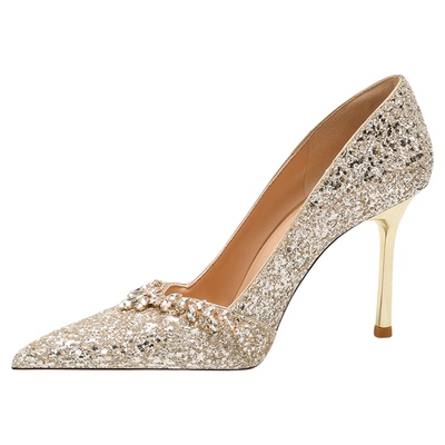 主婚纱新娘伴娘鞋不累脚秀禾服敬酒两穿香槟色水钻尖头细跟高跟鞋