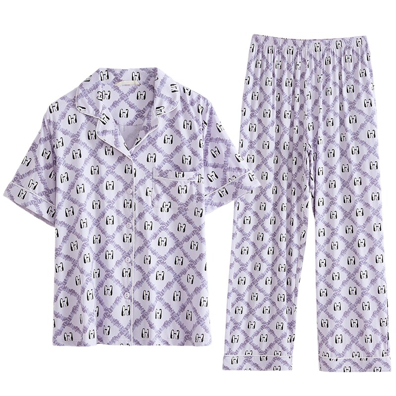 康妮雅格子印花短袖长裤家居服女