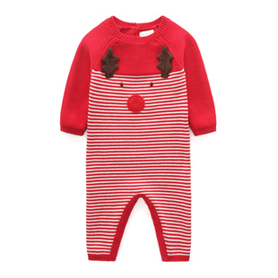 英国NEXT正品新生婴儿春秋季红色针织连体衣男宝宝纯棉周岁爬爬服