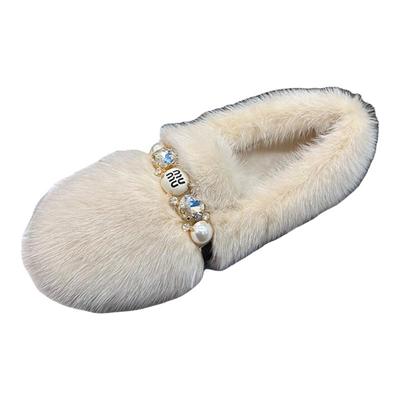 毛毛鞋加绒水貂毛厚底豆豆鞋