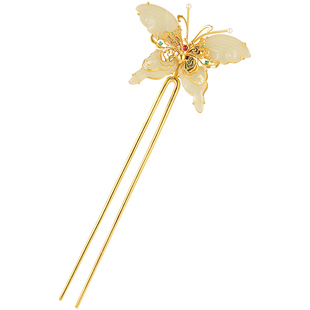 蝴蝶和田玉银鎏金发簪非遗花丝珐琅新中式国风银发饰发钗步摇胸针