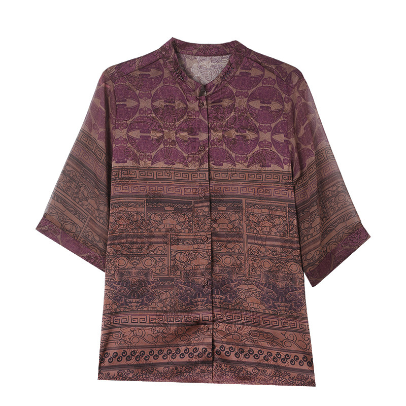 重磅真丝中长款衬衫中袖印花香云纱中老年女装洋气妈妈桑蚕丝上衣