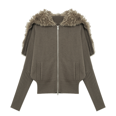 澳羊毛复古披肩式连帽针织开衫