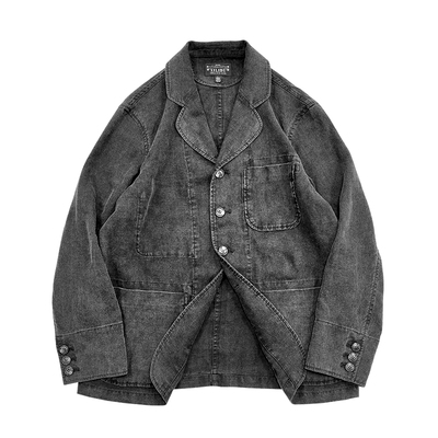西里布复古蜡染亚麻西服外套男水洗黑做旧磨白宽松休闲便装新品