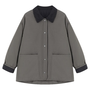 Basic House/百家好复古翻领工装风棉服女秋冬宽松单排扣夹棉外套