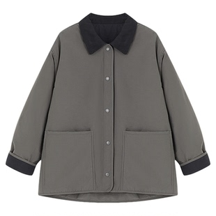 Basic House/百家好复古翻领工装风棉服女秋冬宽松单排扣夹棉外套