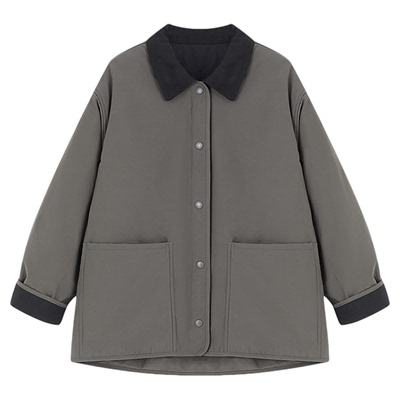 Basic House/百家好复古翻领工装风棉服女春冬宽松单排扣夹棉外套