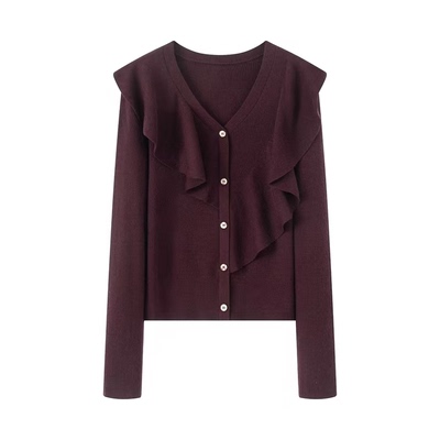 艾诺丝尚忆毛衣荷叶边V领针织衫