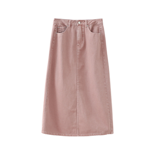 「Tomato Girl」直筒拉毛粉色a字牛仔半身裙高腰开叉显瘦伞裙子女