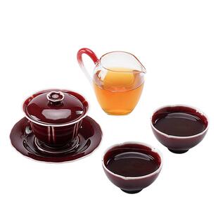 手工郎红盖碗茶杯套装家用陶瓷二人功夫茶具泡茶公道杯礼盒装高档