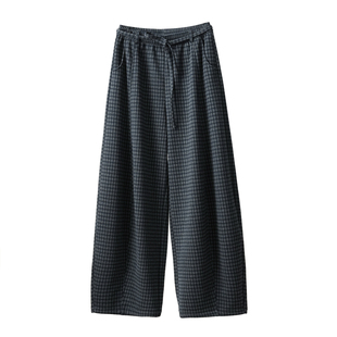 肥大版型 500g 女士百搭格纹阔腿裤 休闲加绒弯刀长裤 女装 冬款