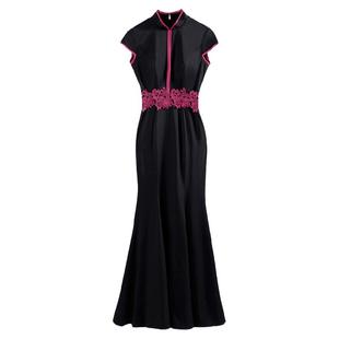 紫缘萱黑色晚礼服女长款气质改良鱼尾旗袍宴会模特走秀演出服显瘦