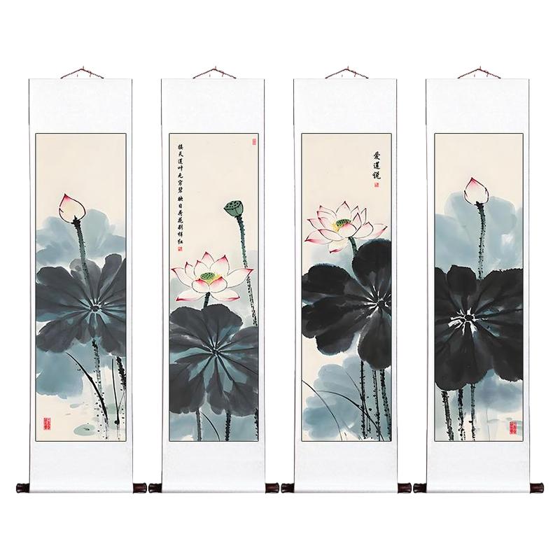 荷花国画四条屏牡丹挂画中国风