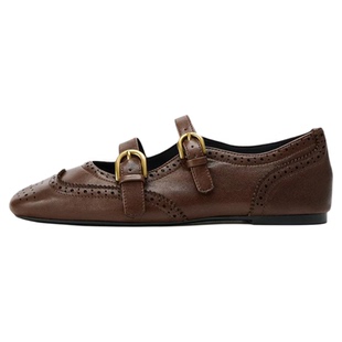 ZA2026秋季平底方头芭蕾舞鞋复古风低跟玛丽珍鞋一字扣带乐福单鞋
