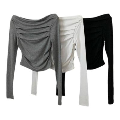 法式纯欲风一字领露肩长袖T恤女