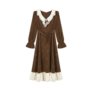 安妮不火复古雪尼尔拼接长裙女2025冬季新款微胖大码设计感连衣裙