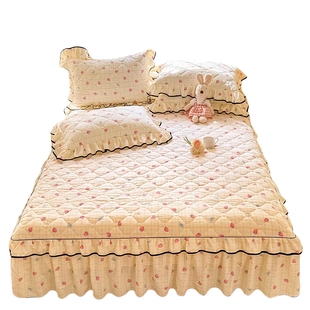 新品加厚夹棉床裙单件床罩床盖防滑纯棉全棉三件套花边遮丑床笠罩