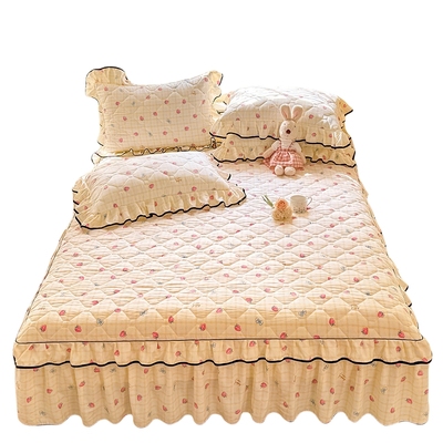 新品加厚夹棉床裙单件韩版床盖防滑罩纯棉全棉三件套花边遮丑下摆