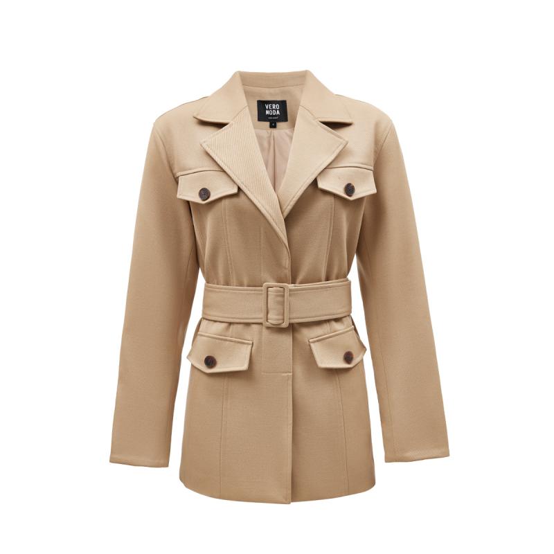 v区绫致Vero Moda西服女秋冬直筒腰带设计翻领字母贴通勤时尚
