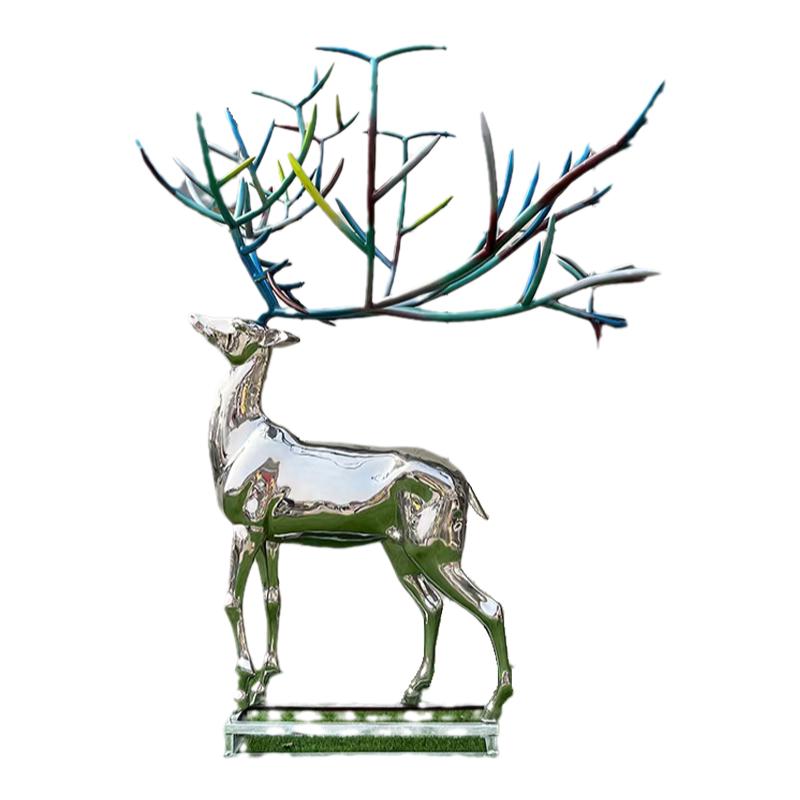 304镜面不锈钢鹿雕塑大型七彩鹿角镜面鹿彩色大鹿角白钢亮面小鹿