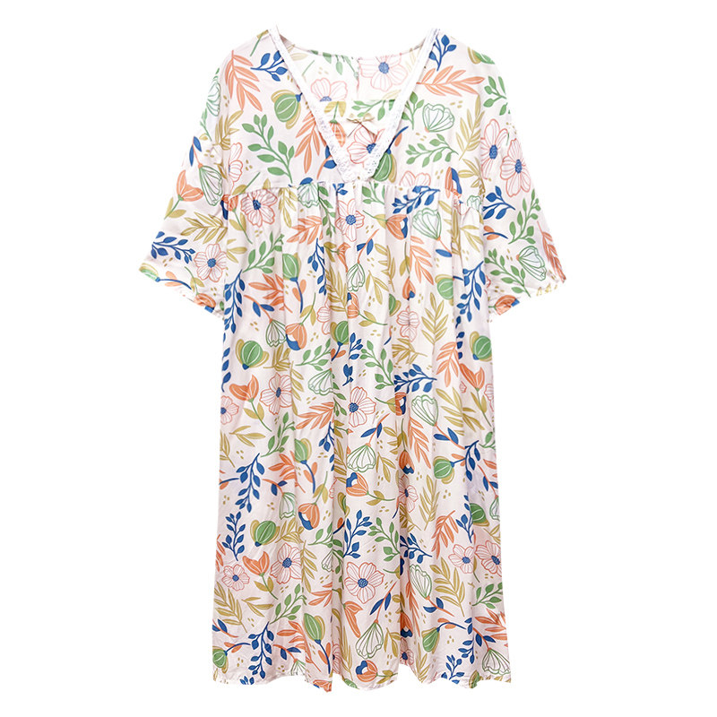 日系甜美花边棉绸夏季大码睡裙女