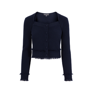 MARYLING玛俪琳初春新品深蓝V领毛边细节针织开衫A1EAW08030